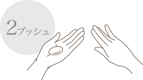 化粧水の後、手のひらに適量（2プシュ）とり、広げます。中指でとっていただくと、顔全体に広がりやすくなります。